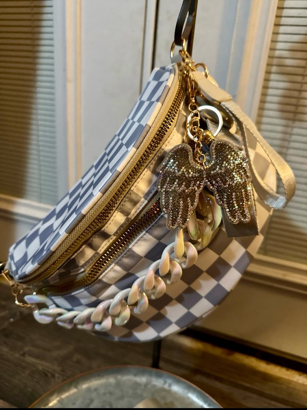 Checkered Gray and White Women’s Crossbody Bag with Gold Accents
